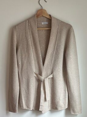 Brunello Cucinelli Luxury Open Front Cardigan Sweater L Natural Beige Cashmere L